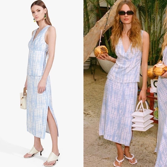 STAUD 90s Pastel Cloud Dye Print High Waist Side Slit Pencil Midi Slip Skirt 2 - Picture 1 of 8